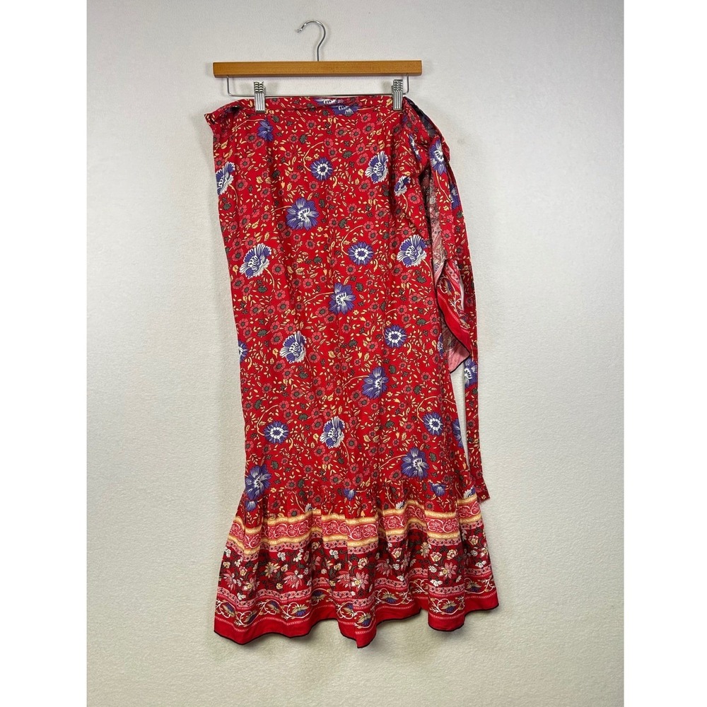 Red Floral Print Wrap Maxi‎ Skirt Boho Festival Bohemian Flowy